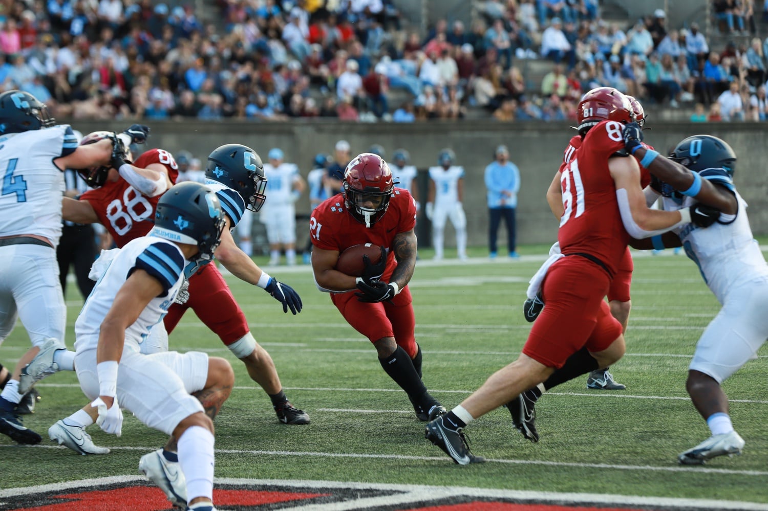 Senior running back Aidan Borguet plunges into the end zone for a one-yard touchdown during Saturday's 21-20 loss to Columbia. Borguet hit the 1,000-yard mark for the season on a 15-yard run in the fourth quarter.