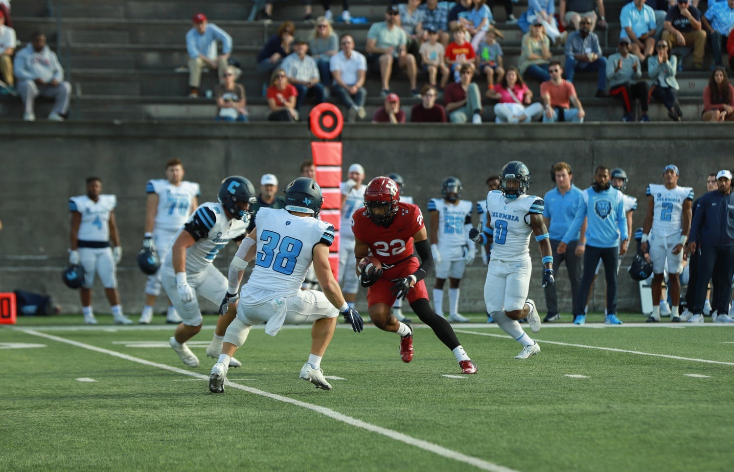Senior wide receiver Joe Young looks to make a move after catching a pass in Saturday's loss. Young made his first catch since 2019 in the contest, taking his three catches for 42 yards.