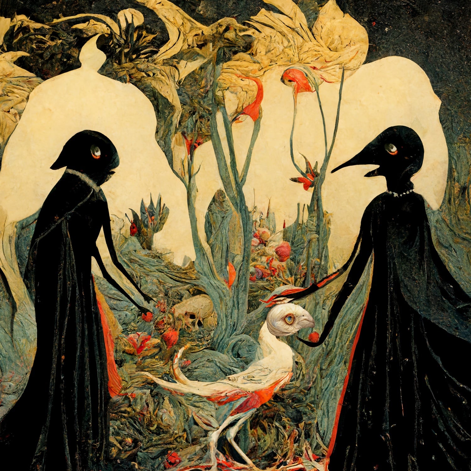 "Night ventures into the light," which Barrett describes as depicting "two creatures made of nighttime feeding a young bird in a sunny garden."