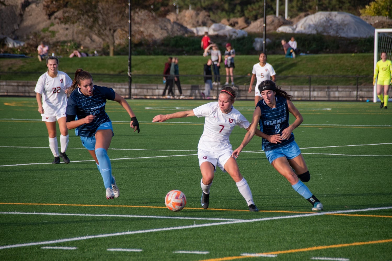 Hasbo battles through contact in the first half. Hasbo finished the contest with two goals and an assist.