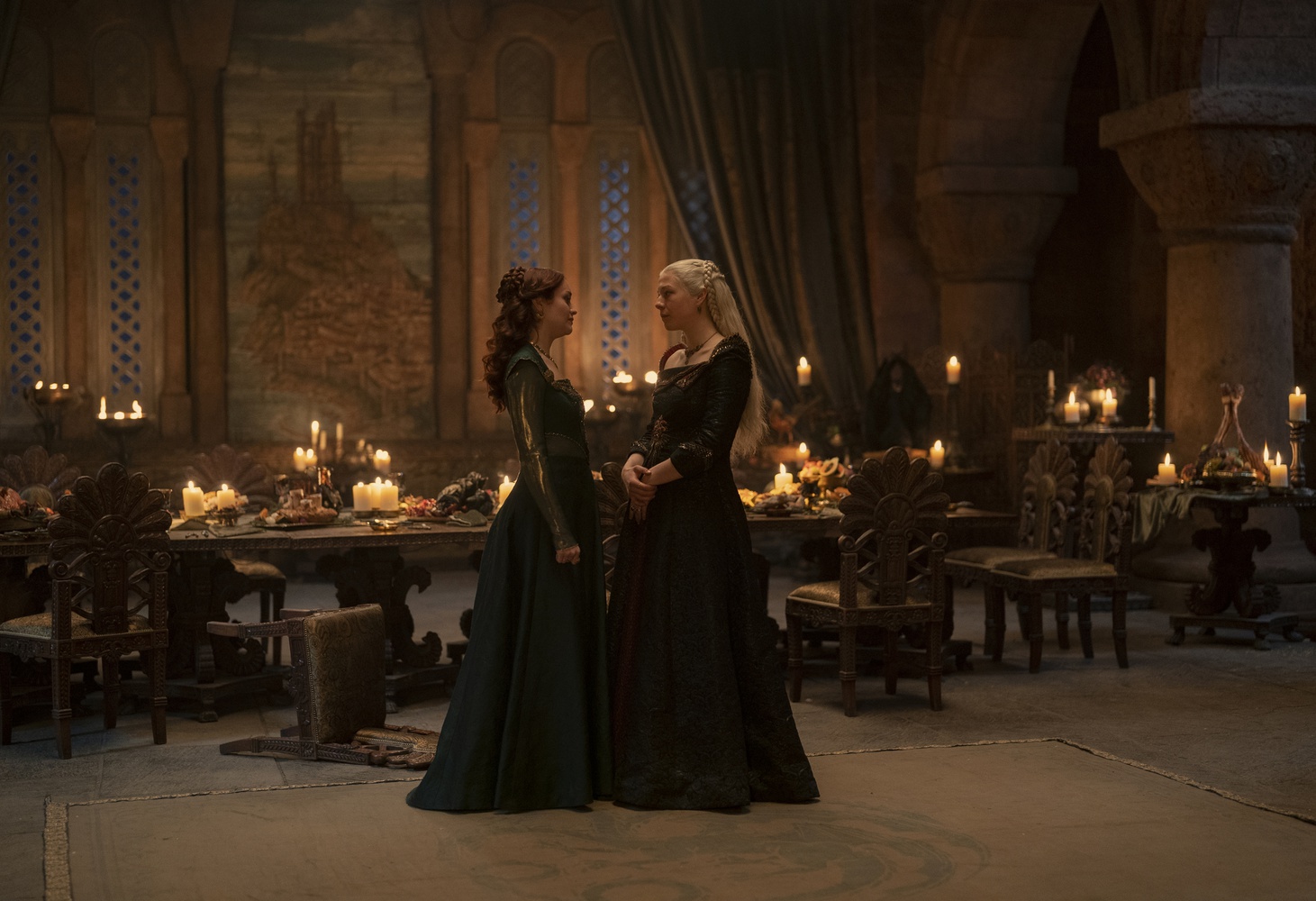 Olivia Cooke as Queen Alicent Hightower and Emma D'Arcy as Princess Rhaenyra Targaryen in "House of the Dragon."