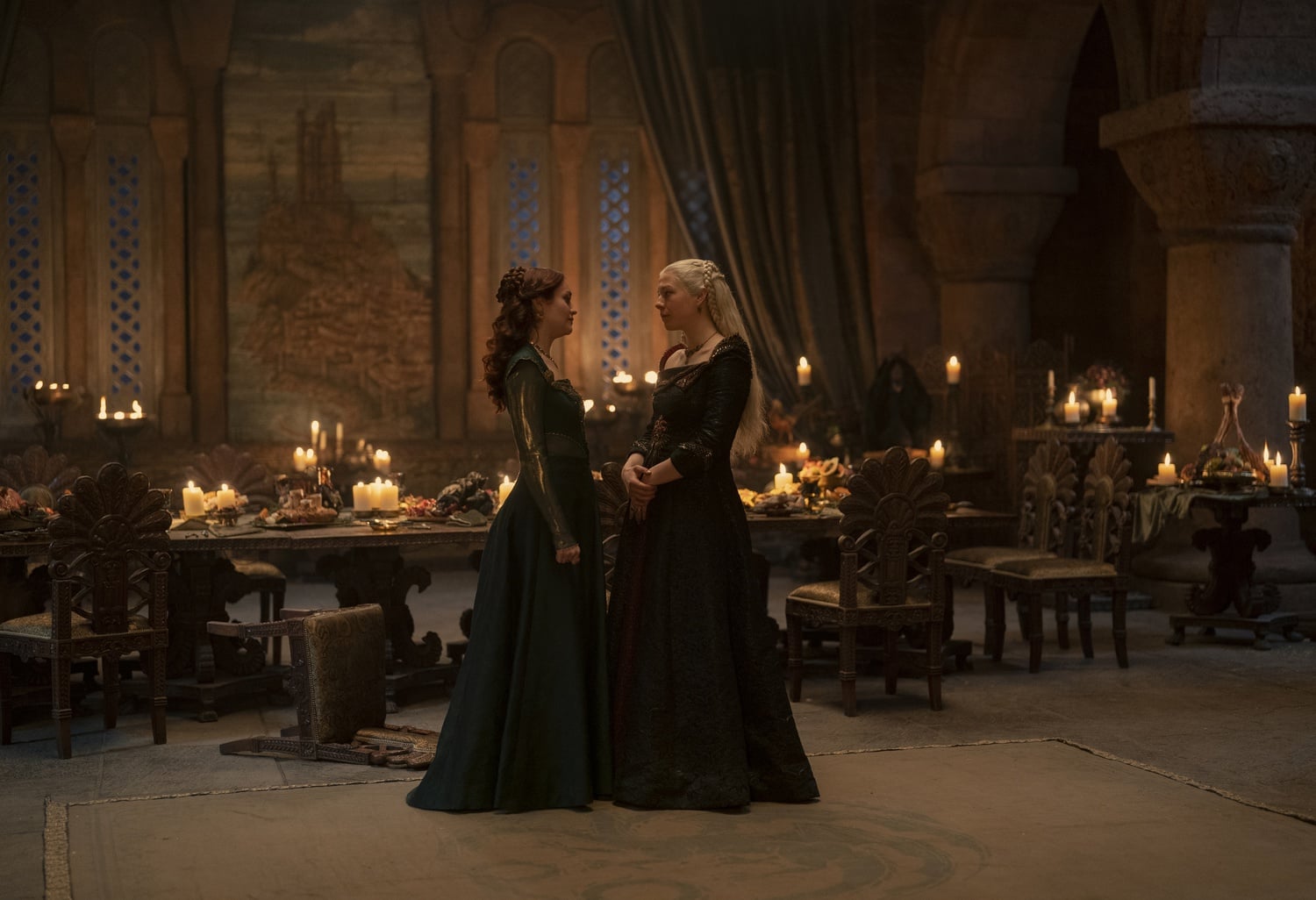 Olivia Cooke as Alicent Hightower and Emma D'Arcy as Rhaenyra Targaryen in “House of the Dragon.”