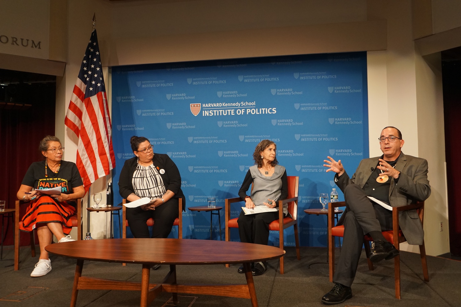 From left to right: Judith LeBlanc, April Fournier, Mishy Lesser, and Chris Newell spoke at the John F. Kennedy Jr. Forum on Monday after a screening of the short documentary, First Light. They were joined over Zoom by Sandy White Hawk for a discussion on the Indian Child Welfare Act.