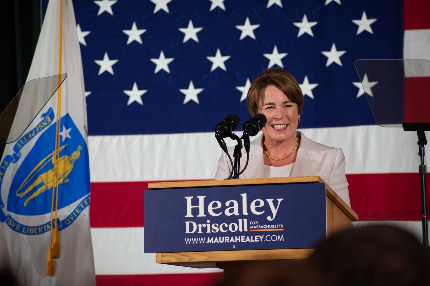 Maura T. Healey '92 declares victory in the Massachusetts gubernatorial election at a Democratic watch party in Boston