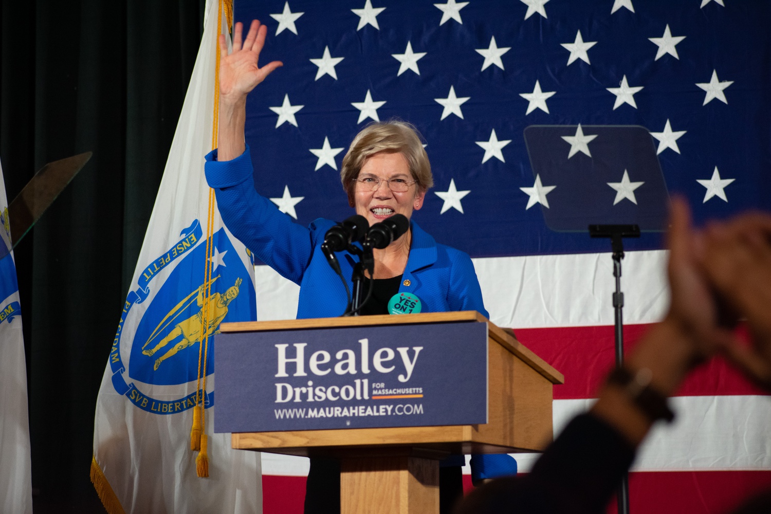 Senator Elizabeth A. Warren (D-Mass) addressed supporters following a historic win for Democrat gubernatorial candidate Maura T. Healey.