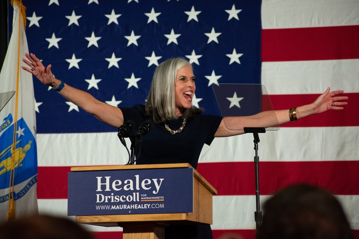 Democrat incumbent Katherine Clark celebrates her victory at a Democratic Election watch party in Boston.