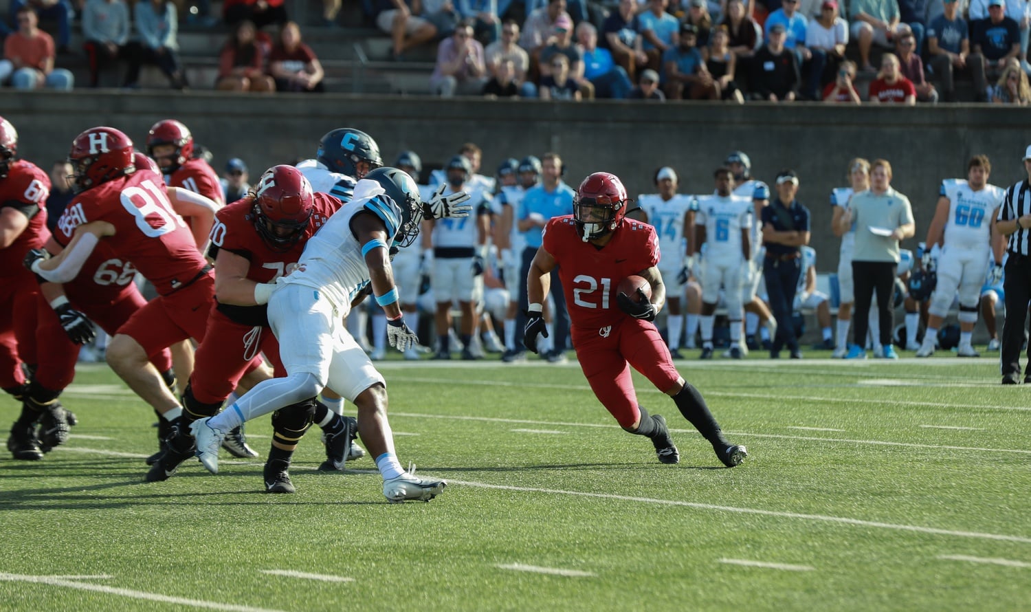 Senior running back Aidan Borguet takes a carry during the 21-20 loss to Columbia last Saturday. With 299 yards in his final two games, Borguet would become the single-season rushing leader in Harvard history.