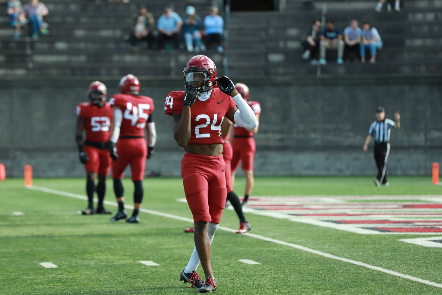 Senior defensive back Khalil Dawsey adjusts his helmet during the 21-20 loss to Columbia last Saturday. Dawsey and the secondary have been porous this season, but found some momentum last weekend, intercepting Caden Bell thrice.