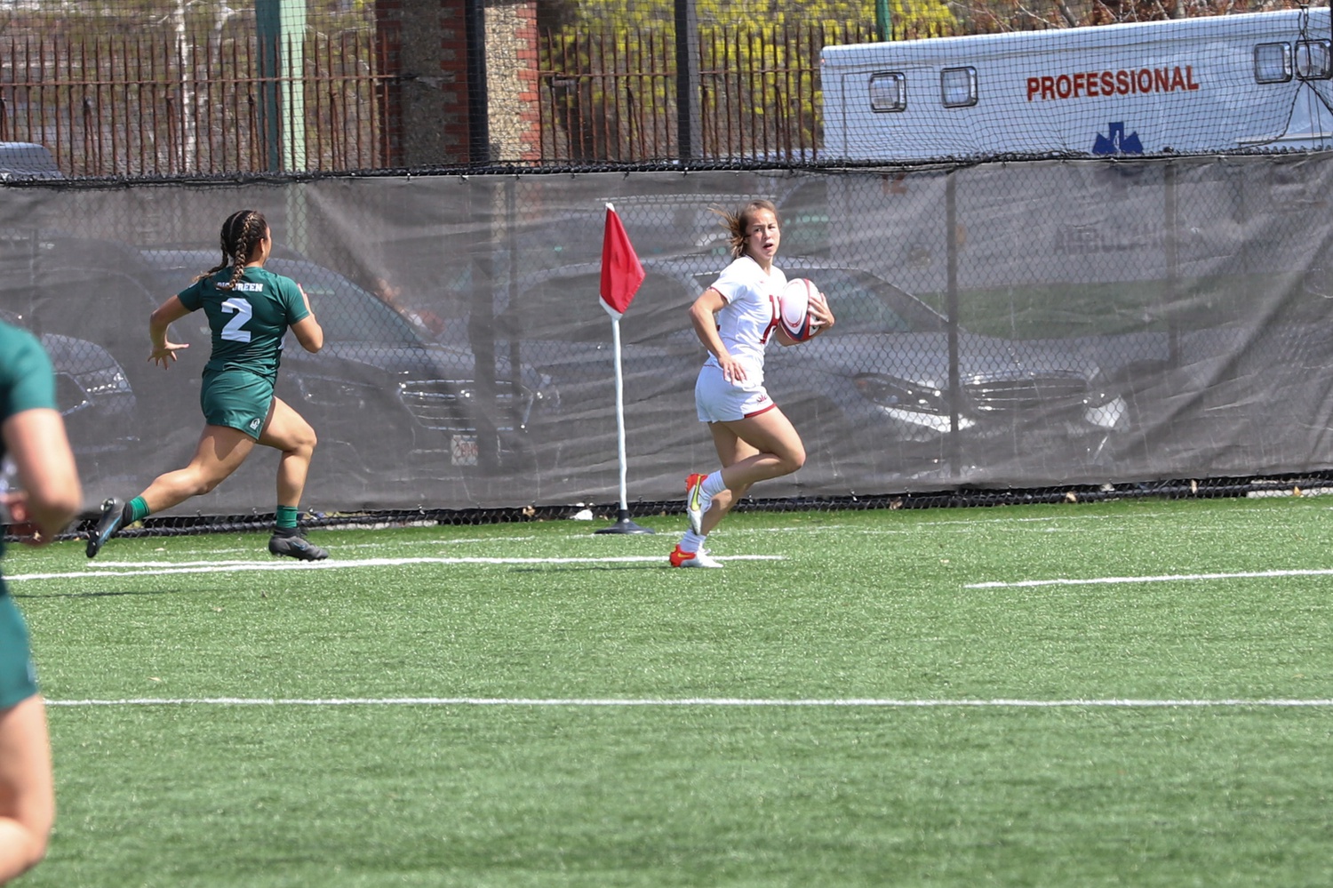 Then-senior Sofie Fella runs with the ball in the Ivy 7s Championship Game against Dartmouth on April 23, a 24-17 victory for the Crimson in which Fella scored two tries.