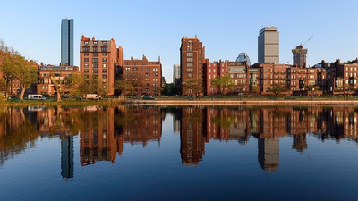 Cover image for Panorama of Back Bay buildings reflected in Storrow Lagoon, Boston.