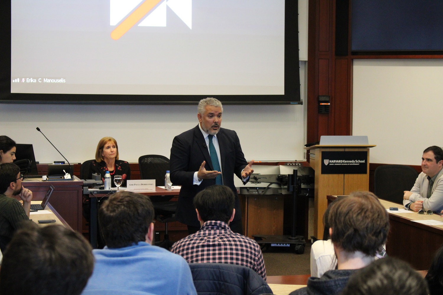 Former Colombian President Iván Duque spoke at the Harvard Kennedy School on Thursday.
