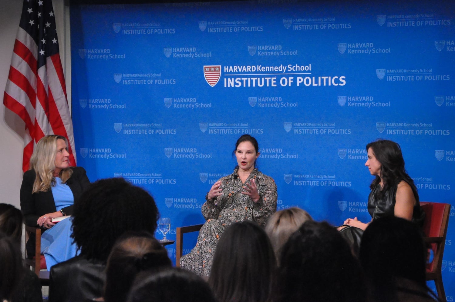 The Harvard Institute of Politics hosted Pulitzer Prize-winning journalist Jodi Kantor (right) and actress Ashley Judd (center) in a forum moderated by Professor Iris Bohnet (left) on Thursday.