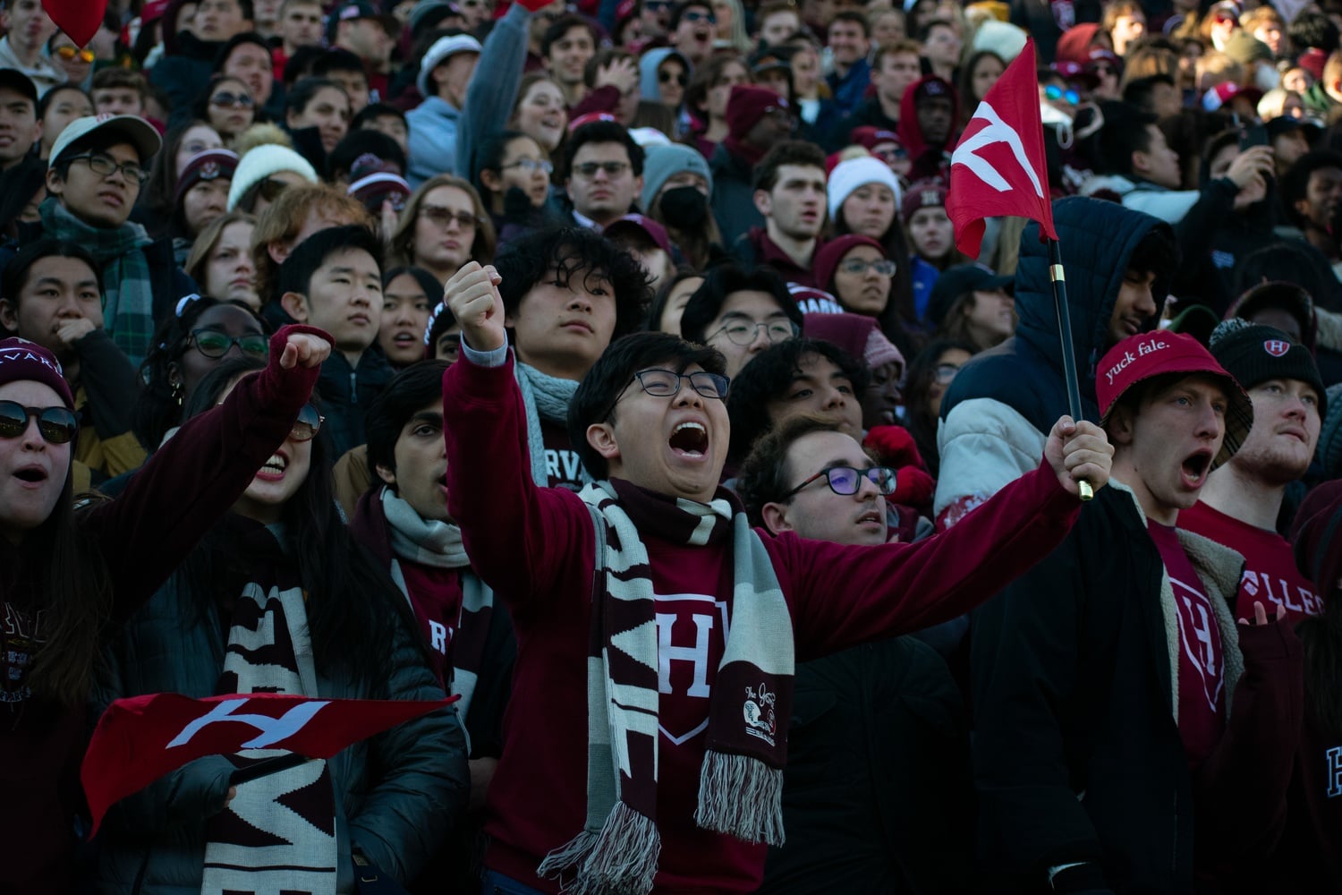 Harvard students cheer at the 138th playing of The Game against Yale in November.