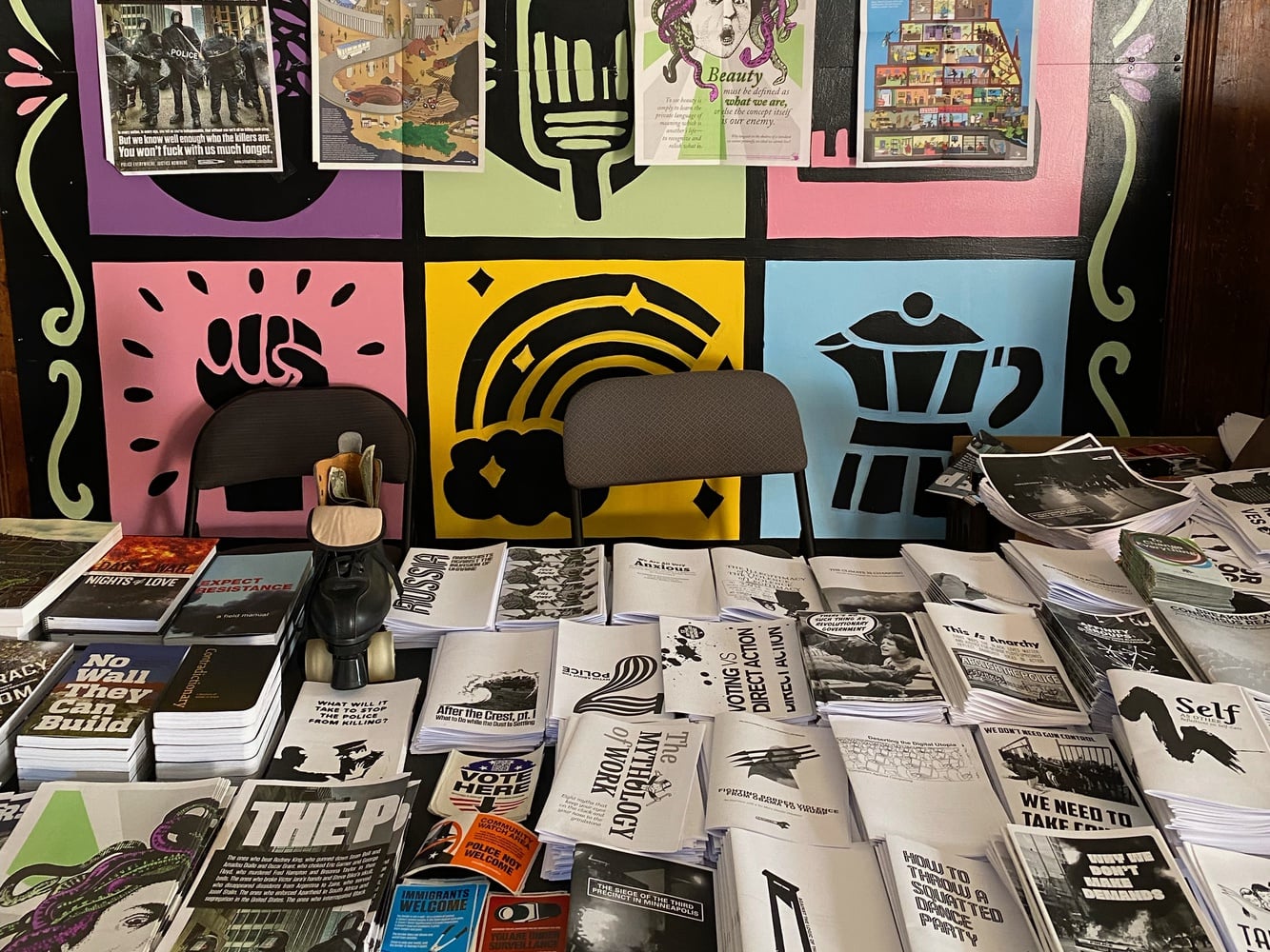 Posters and pamphlets at the Boston Anarchist Book Fair.