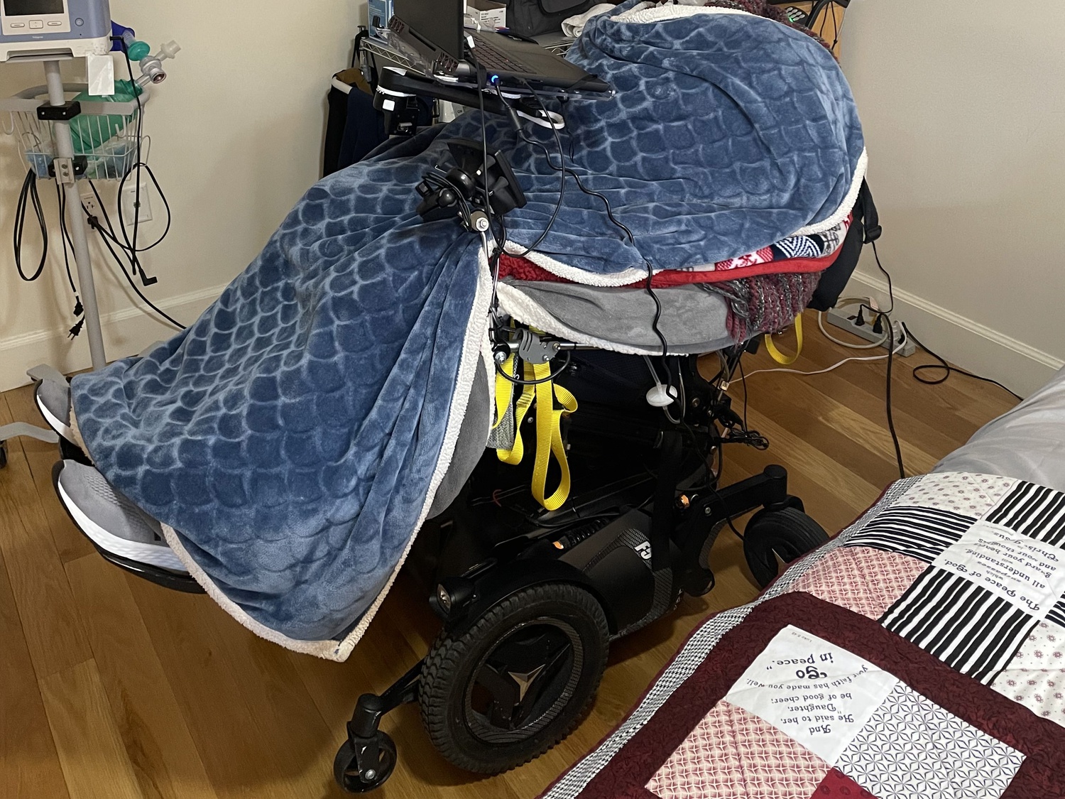In Abercrombie's modified Winthrop suite that he shares with his parents, he uses a specialized wheelchair that can help him stand up, as well as an exercise bike that he can ride thanks to the electrodes that stimulate his nerves.