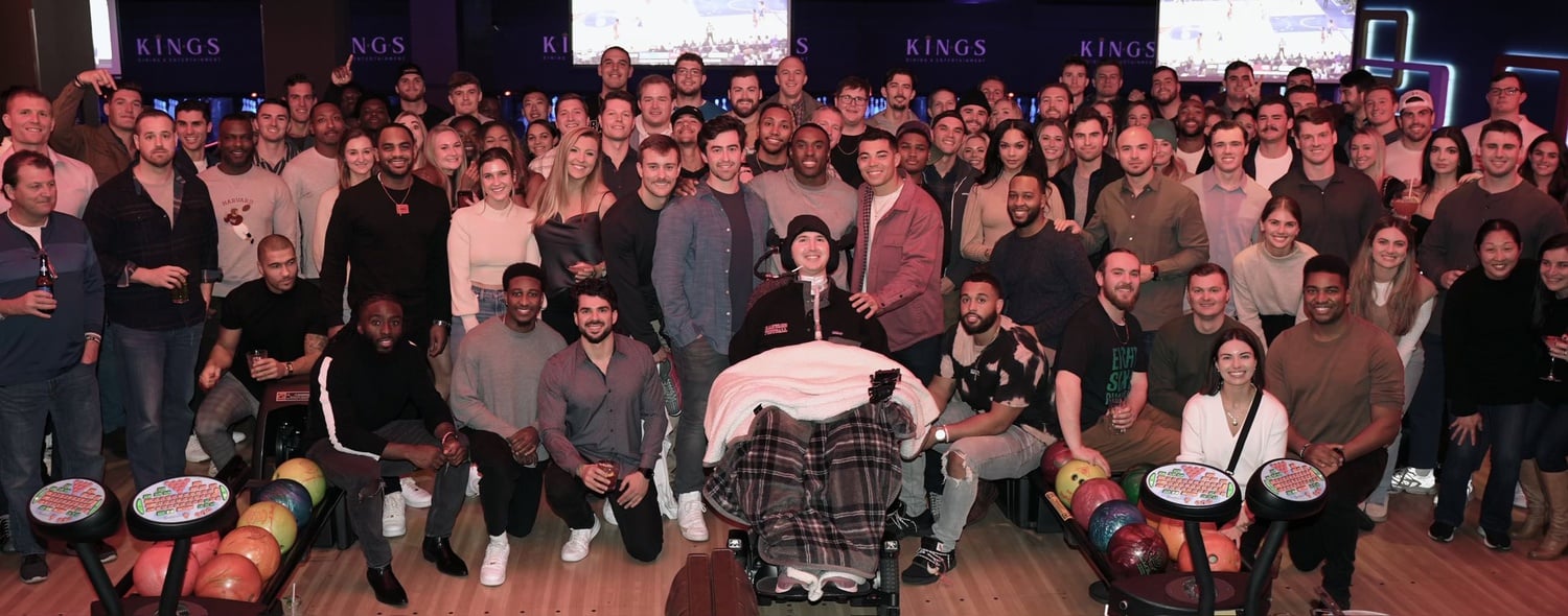 Abercrombie and a large crowd of friends, family, and supporters, attended the Bowl for Ben fundraiser at King's Dining and Entertainment on Nov. 18, 2022. The fundraiser was started by his teammate, Raishaun McGee '17.