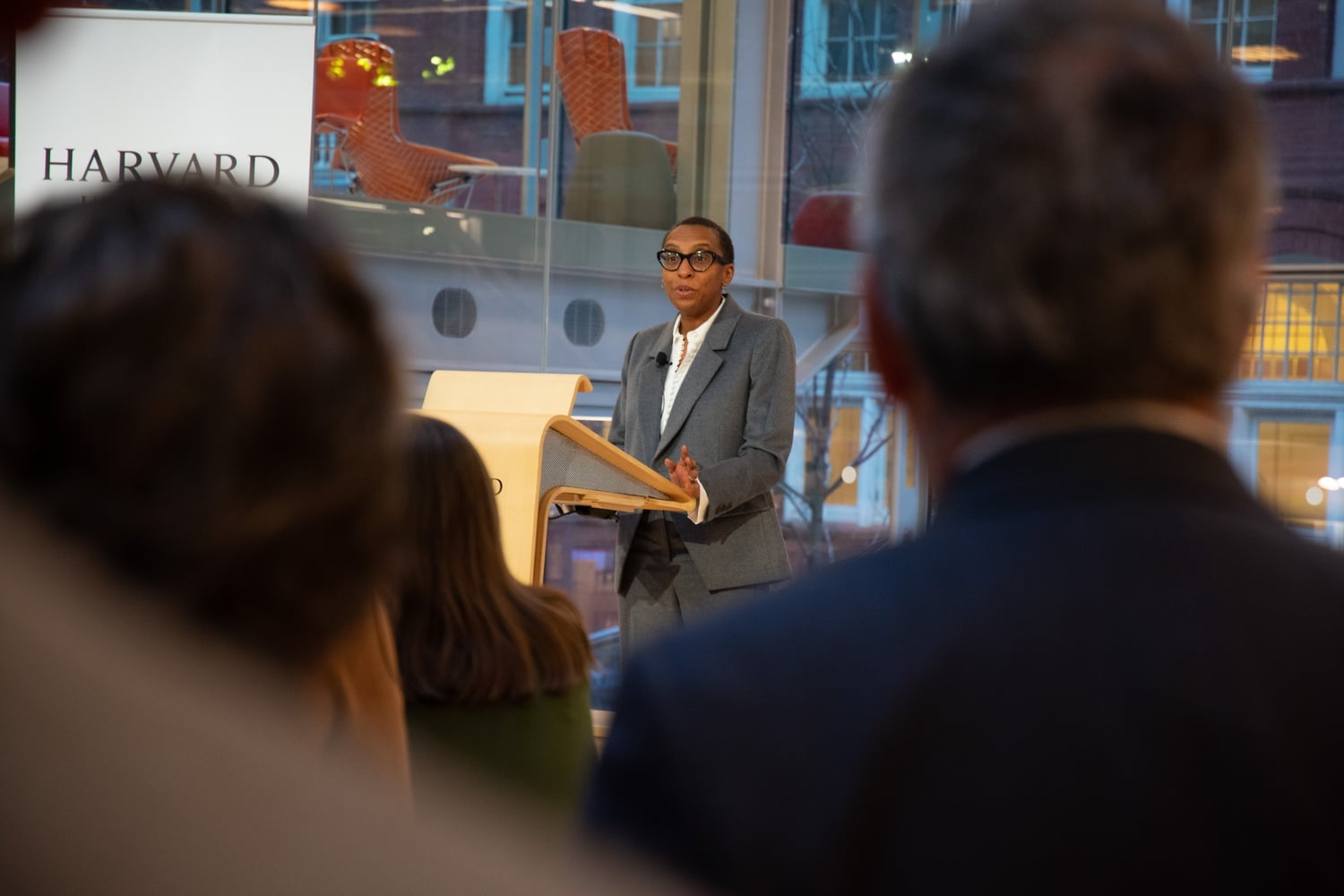 Claudine Gay was announced as the 30th president of Harvard at a Smith Center event on Thursday afternoon. She will succeed Lawrence S. Bacow, pictured in the foreground alongside his wife, Adele F. Bacow.