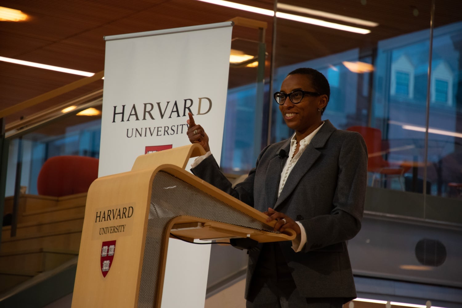 President-elect Claudine Gay addresses an applauding crowd in the Smith Campus Center.