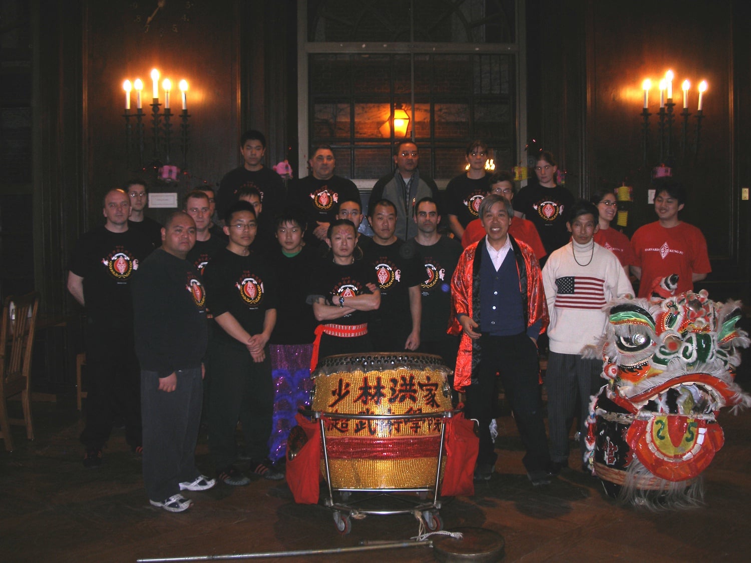 Lee, front, planned a Lunar New Year celebration in Adams House dining hall with a group of lion dancers from Boston's Chinatown.