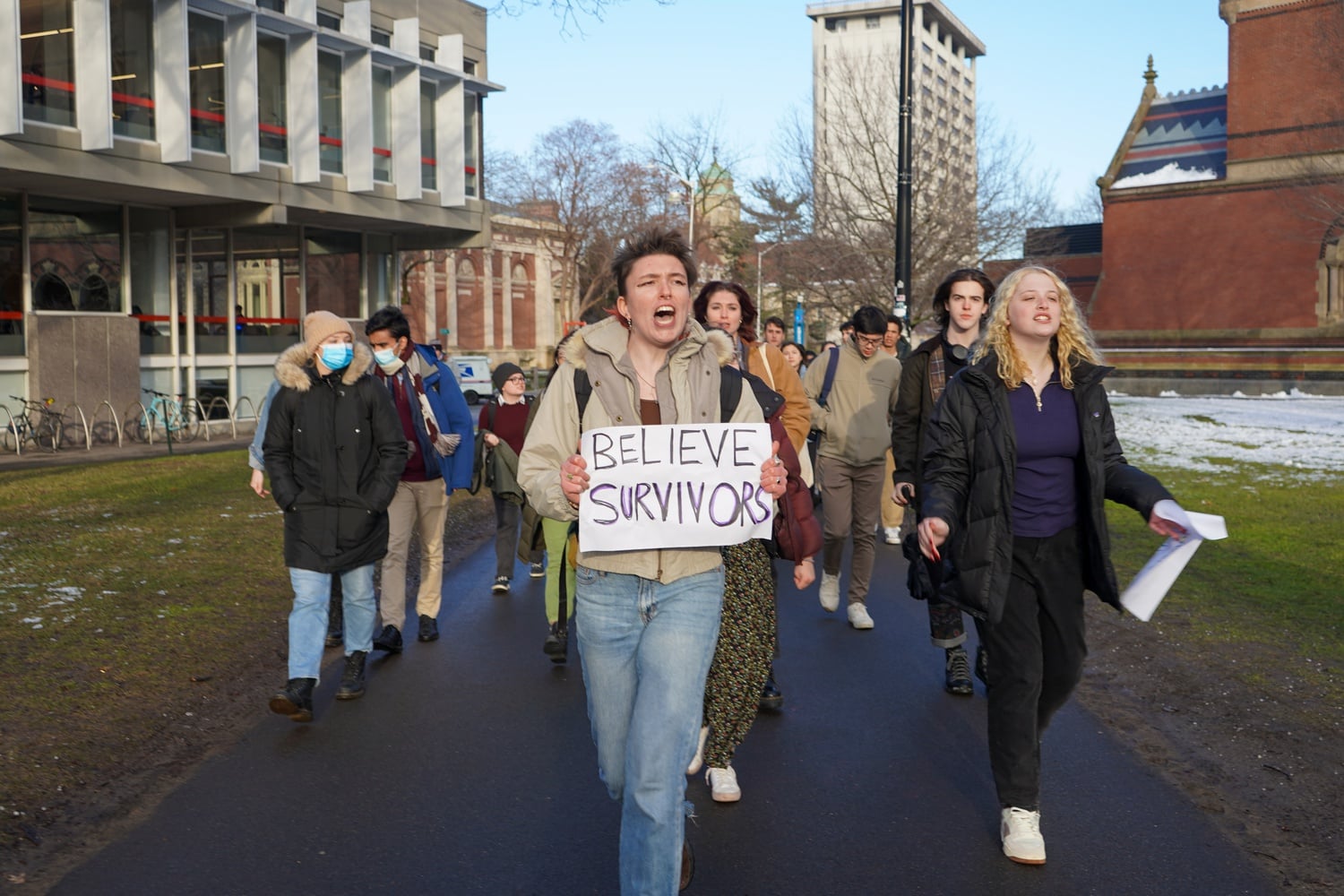 Syd D. Sanders '24 leads a march through Science Center Plaza, as students protest the University's handling of sexual misconduct allegations against professor John L. Comaroff.