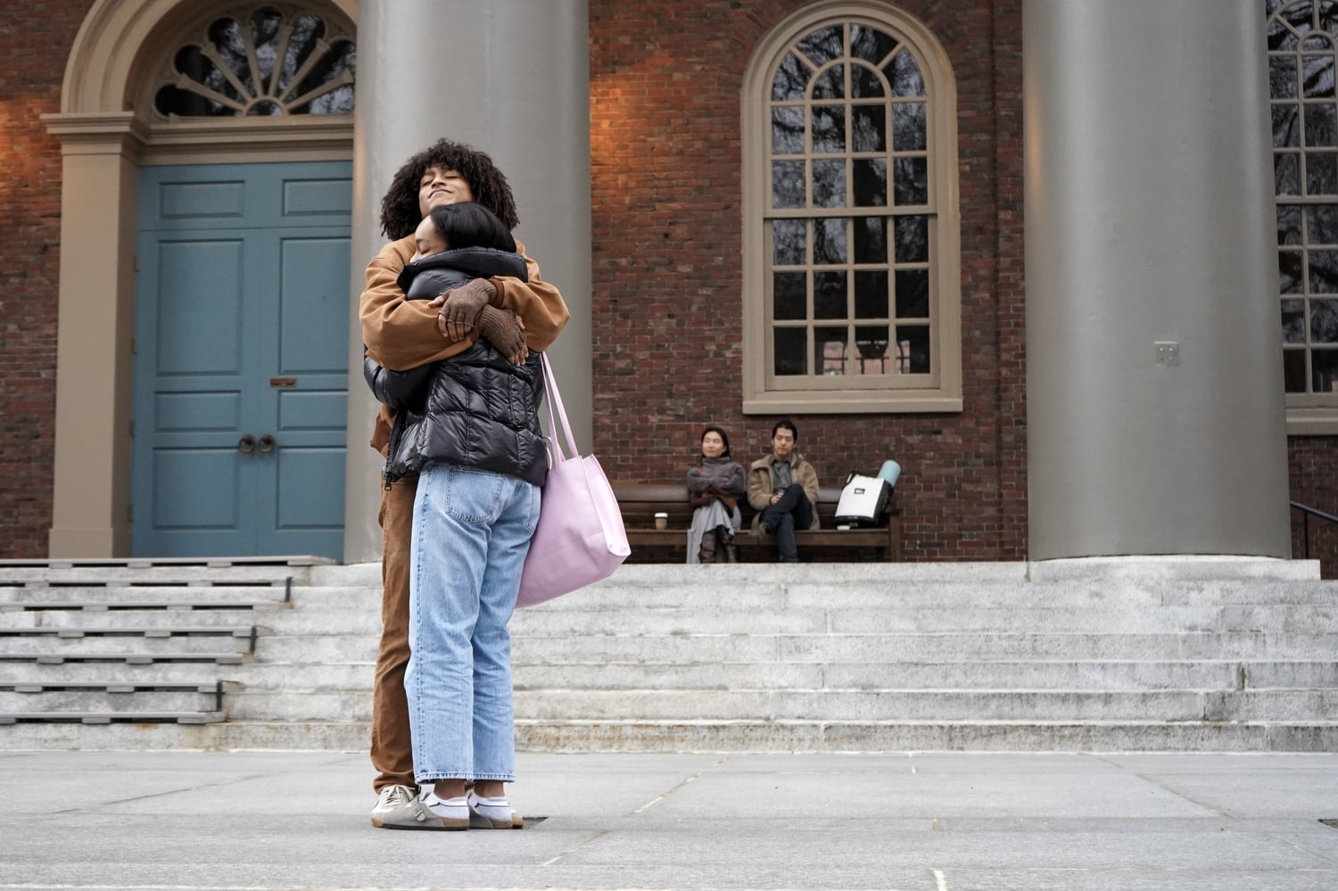 Tenzin R. Gund-Morrow '26 embraces Alyssa M. Gaines '26 on the steps of Memorial Church. The two both spoke at a vigil for Tyre Nichols, a Black man killed by Memphis police earlier this month.