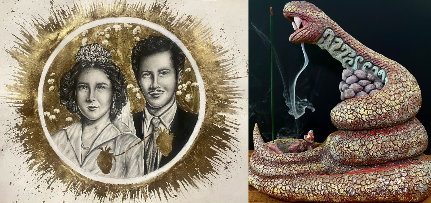 “Reunidos” graphite/gold leaf drawing (left) and “Caída del hombre” terracotta incense holder sculpture (right).