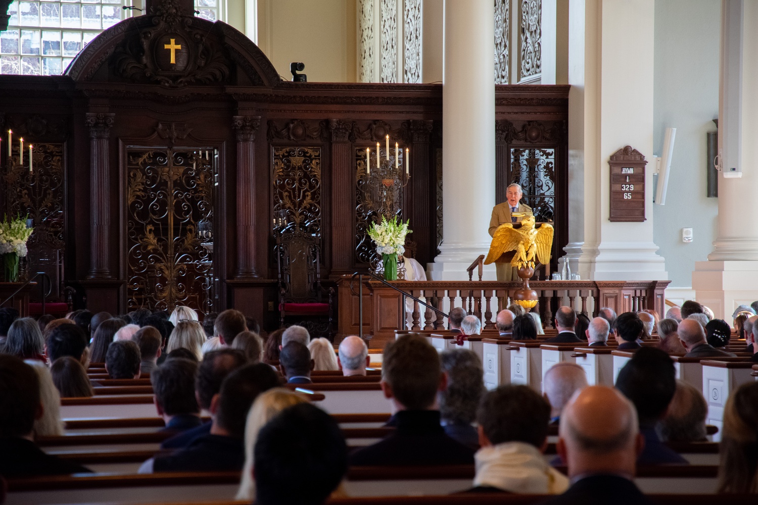 Government professor Graham T. Allison ’62 speaks at a celebration of life event for former Secretary of Defense Ash Carter at Memorial Church on Wednesday morning.