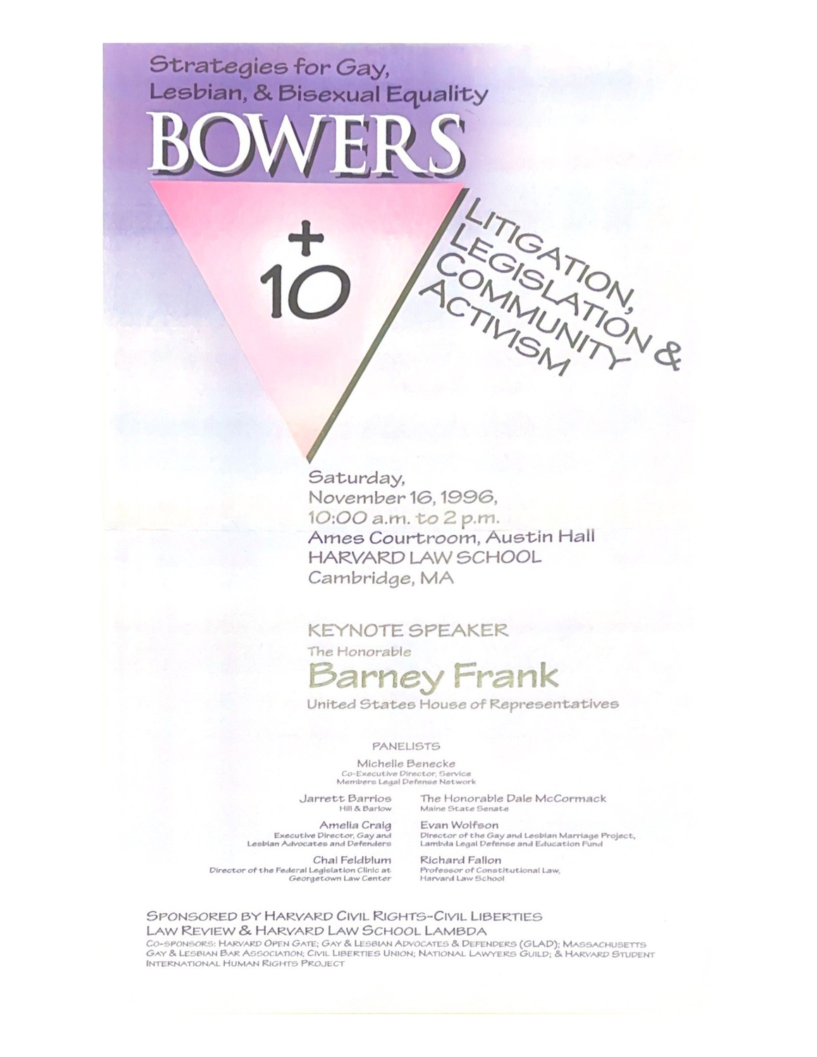An advertisement for a Lambda-sponsored event reflecting on Bowers vs. Hardwick ten years later. Courtesy of Harvard Law School Library, Historical & Special Collections.