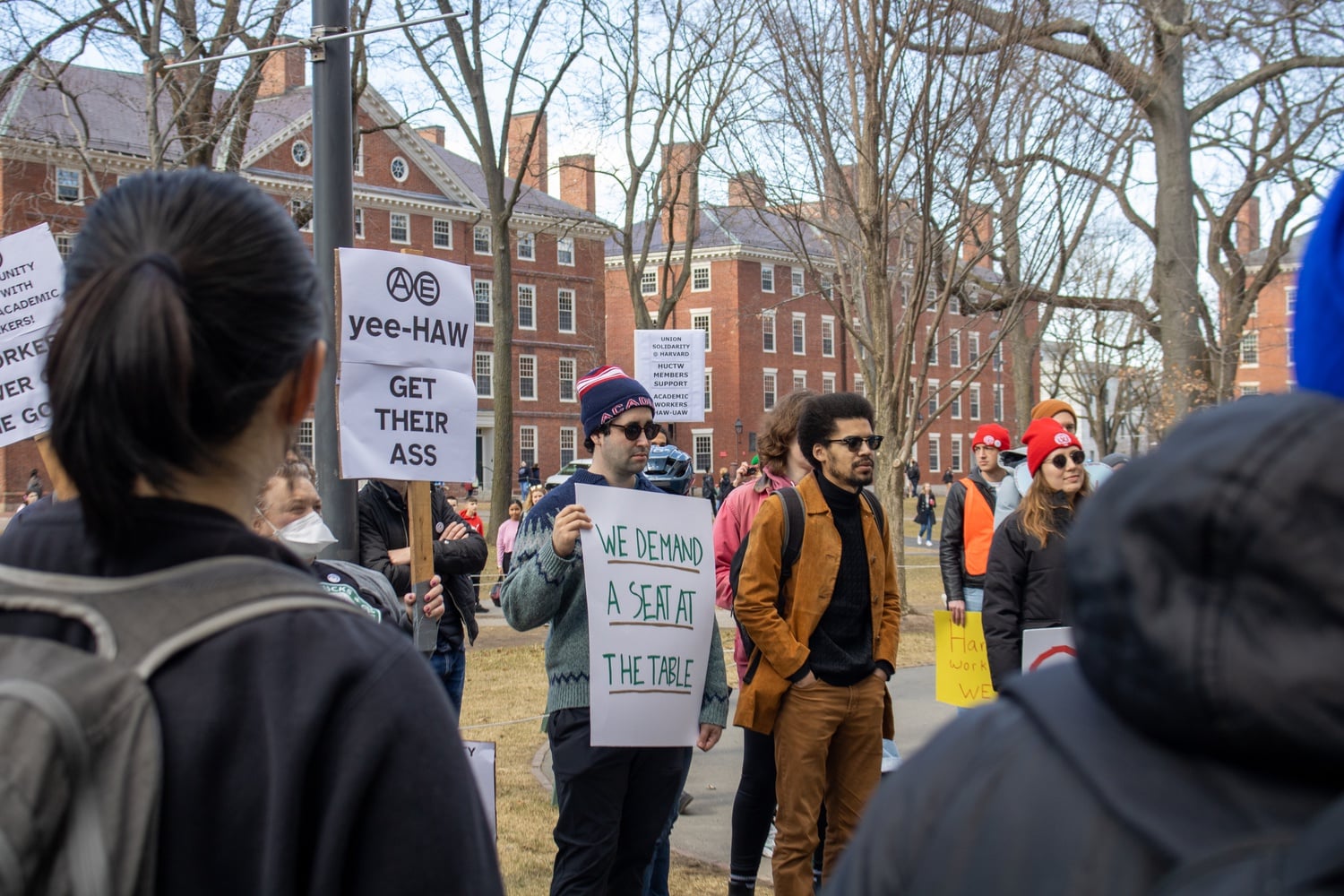 HAW members rally in front of the John Harvard statue in February.