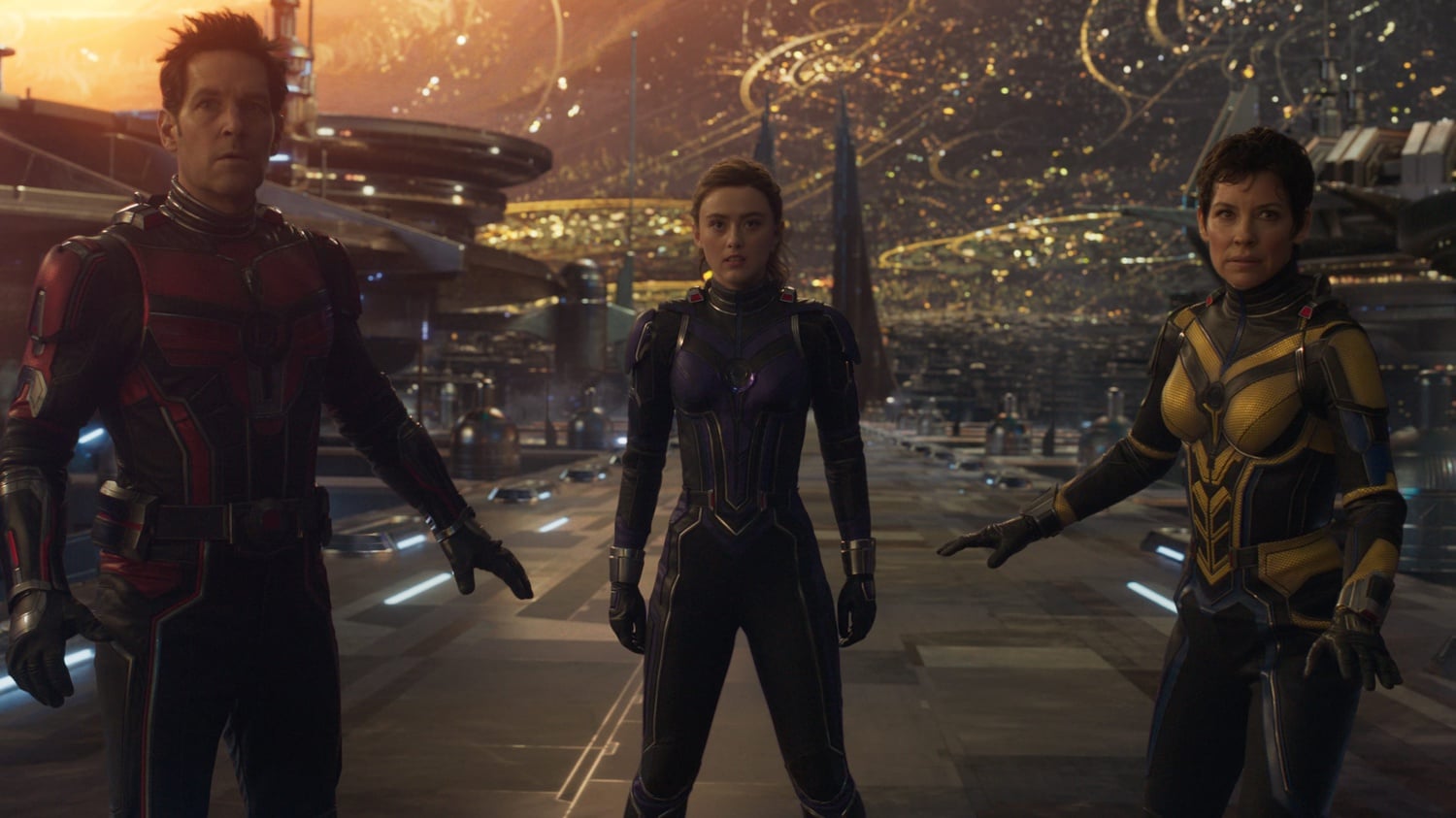 Still from 'Ant-Man and the Wasp: Quantumania' with Paul Rudd, Kathryn Newton, and Evangeline Lilly.