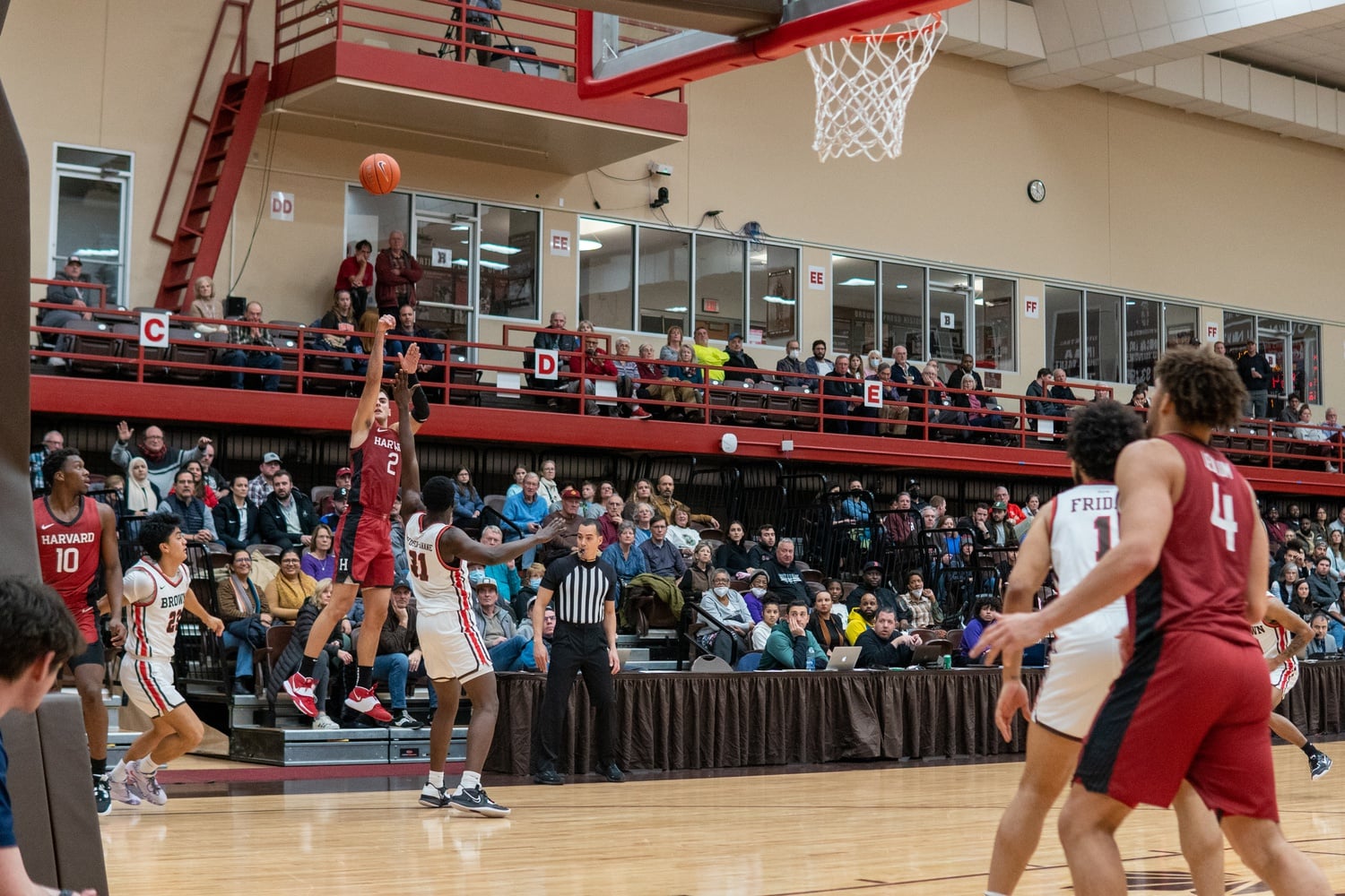Senior forward Luka Sakota launches a three-point attempt against Brown on January 6.