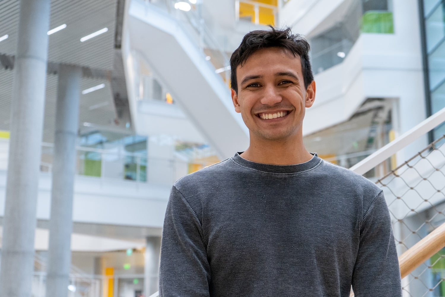 Conor R. Meyer ’26, a veteran who attends Harvard College, stands in the Science and Engineering Complex.