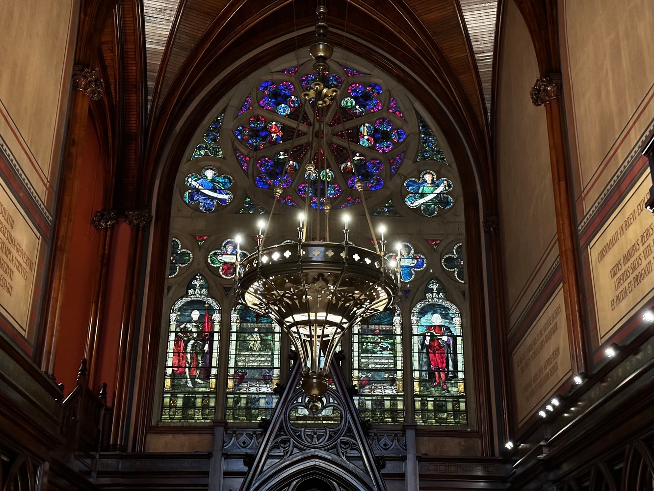 The South Transept Window in Memorial Hall commemorates the forces that motivated Union soldiers in the Civil War. Inscribed in the stained glass in Latin is the phrase “Not to us, O Lord, not to us, but to thy name may there be glory.”