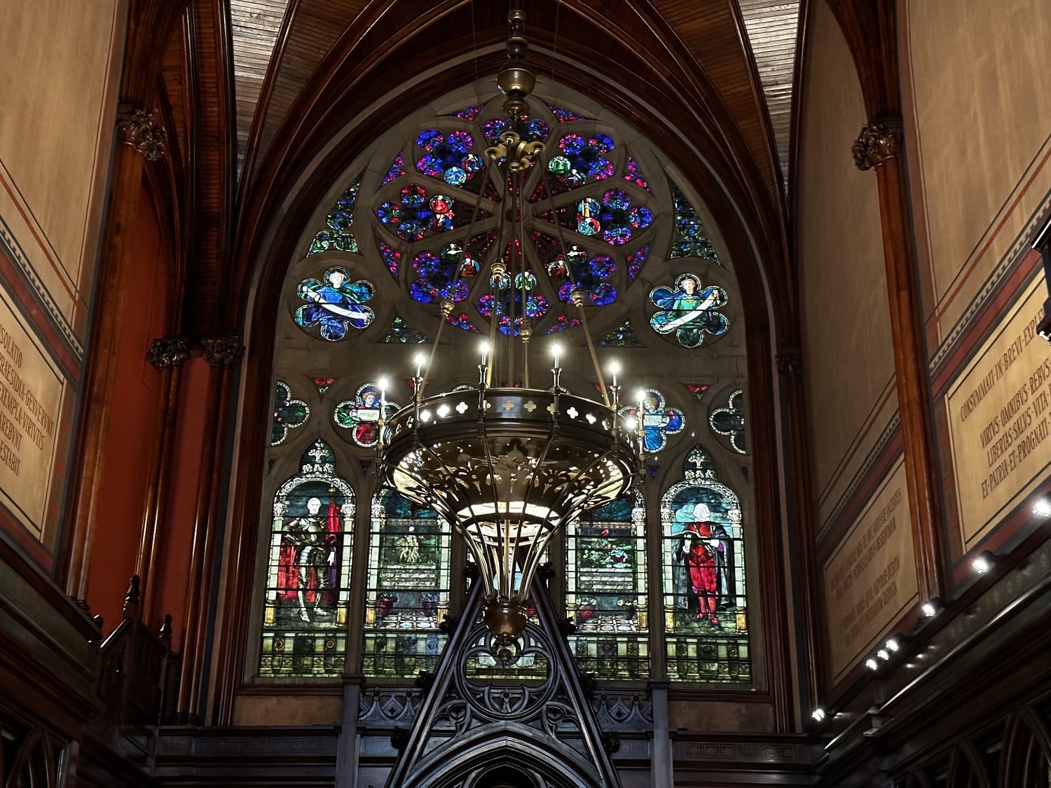 The South Transept Window in Memorial Hall commemorates the forces that motivated Union soldiers in the Civil War. Inscribed in the stained glass in Latin is the phrase “Not to us, O Lord, not to us, but to thy name may there be glory.”