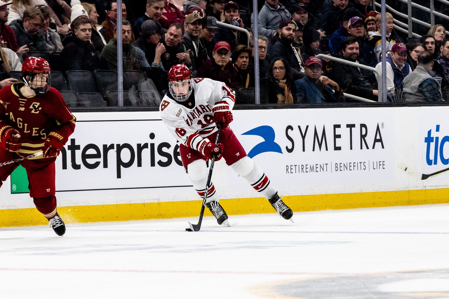 Junior forward Alex Laferriere skates up the ice against Boston College in the Beanpot semifinal on February 6.