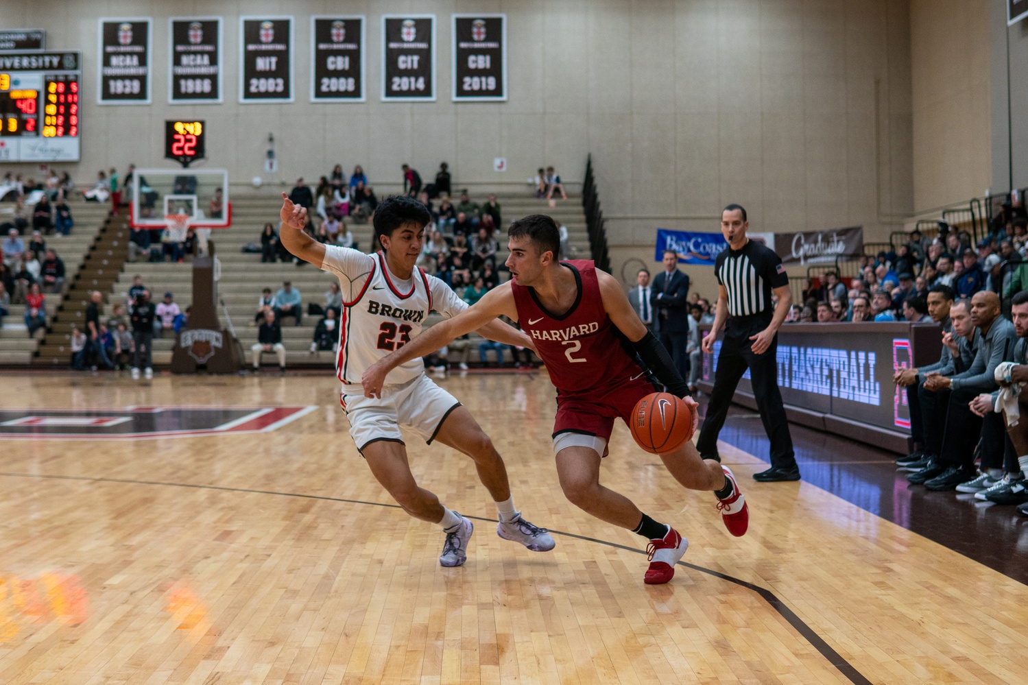 Senior guard Luka Sakota drives to the basket against Brown on January 6.