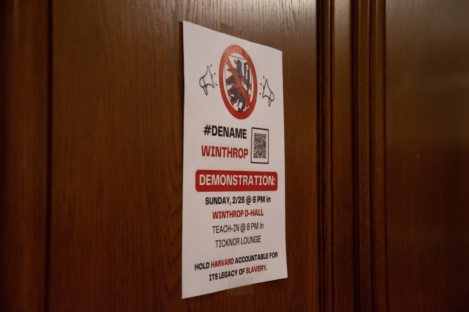 A poster on the wall of Winthrop dining hall gives information about the demonstration. Students are seeking to dename the house given John Winthrop's role in the near-extermination of the Pequot tribe and his history as a slaveowner.