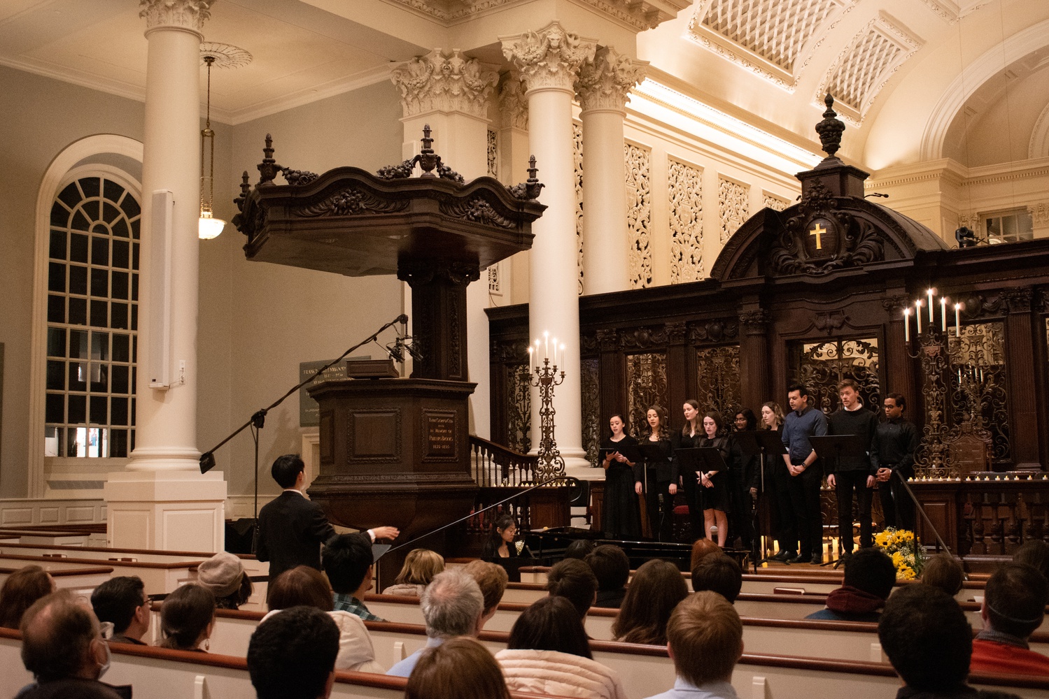 In Memorial Church, students from the Ukraine Dedication Chorus sing as the crowd listens on. The concert was held to raise awareness and commemorate victims of the war in Ukraine.