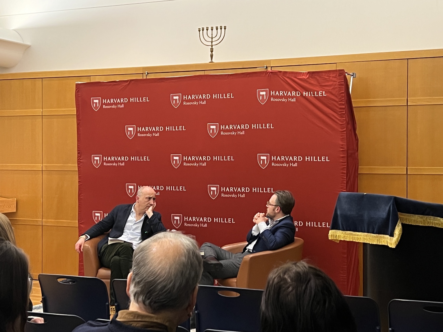 Pulitzer Prize-winning author Joshua Cohen, right, discussed his novel "The Netanyahus" at a Harvard Hillel and Harvard Book Store event.