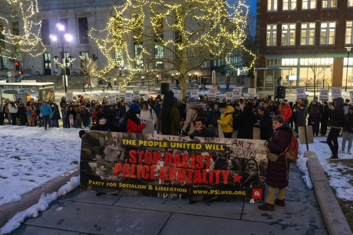 Monday's demonstration calling for accountability for the police killing of Sayed Faisal attracted more than 100 Boston-area residents, including local teachers and students.