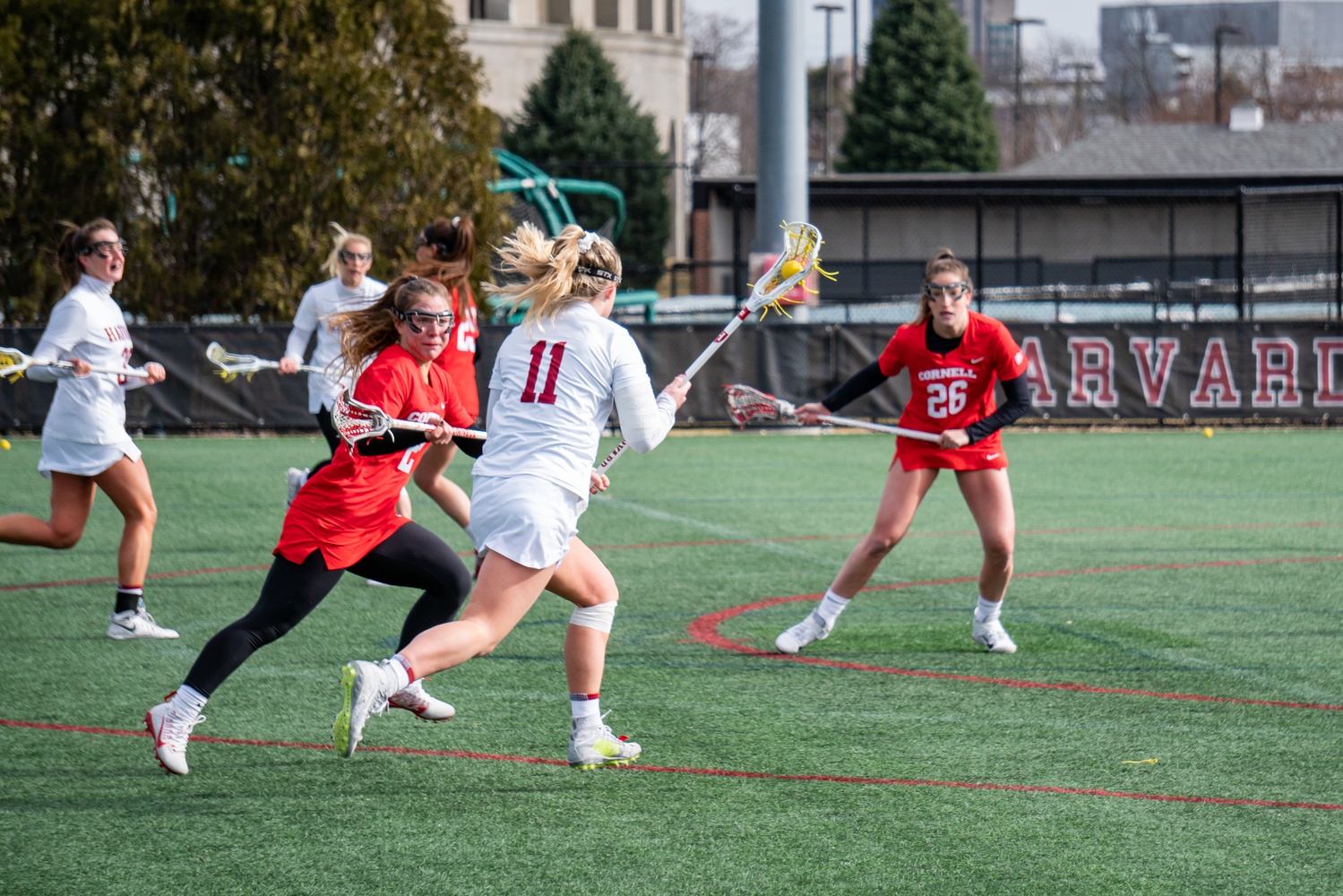 Harvard surges up the field against Cornell on February 29, 2020.