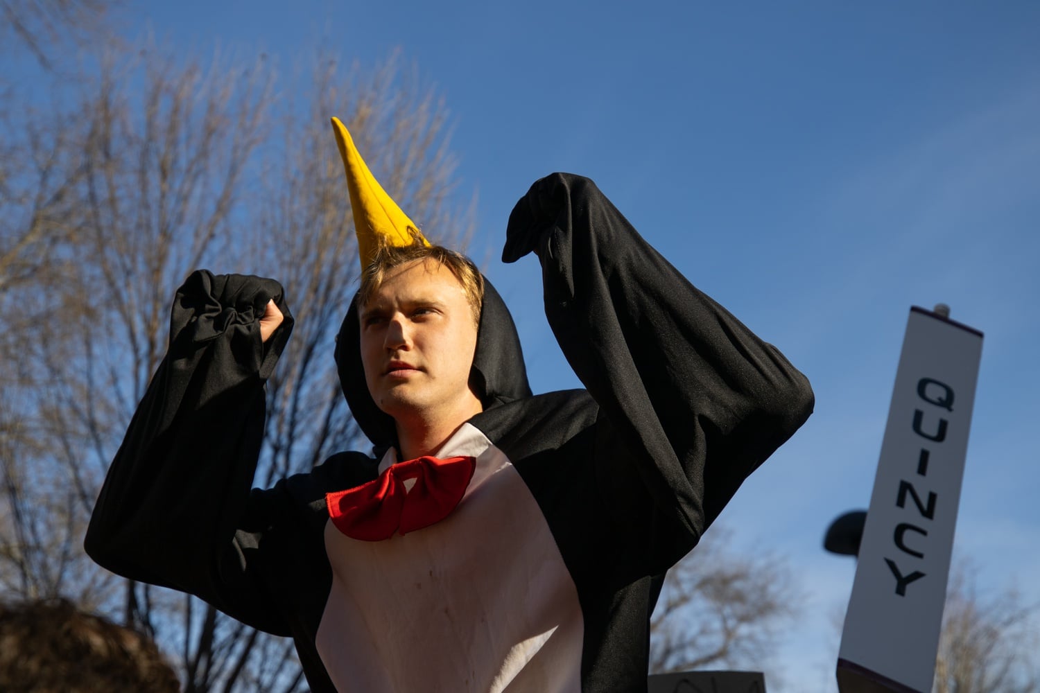 A very passionate Quincy House student on Housing Day. We know you're hoping for this penguin to come knocking (banging) on your door.