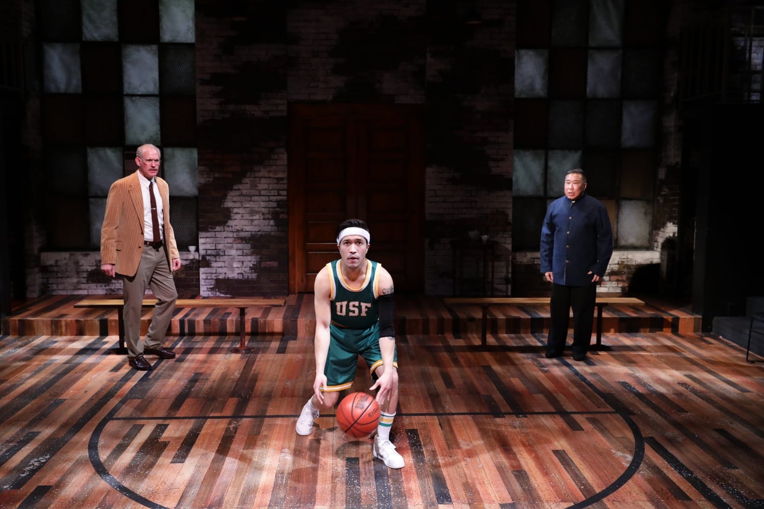 Barlow Adamson, Tyler Simahk, and Gary Thomas Ng in "The Great Leap" at The Lyric Stage Company of Boston