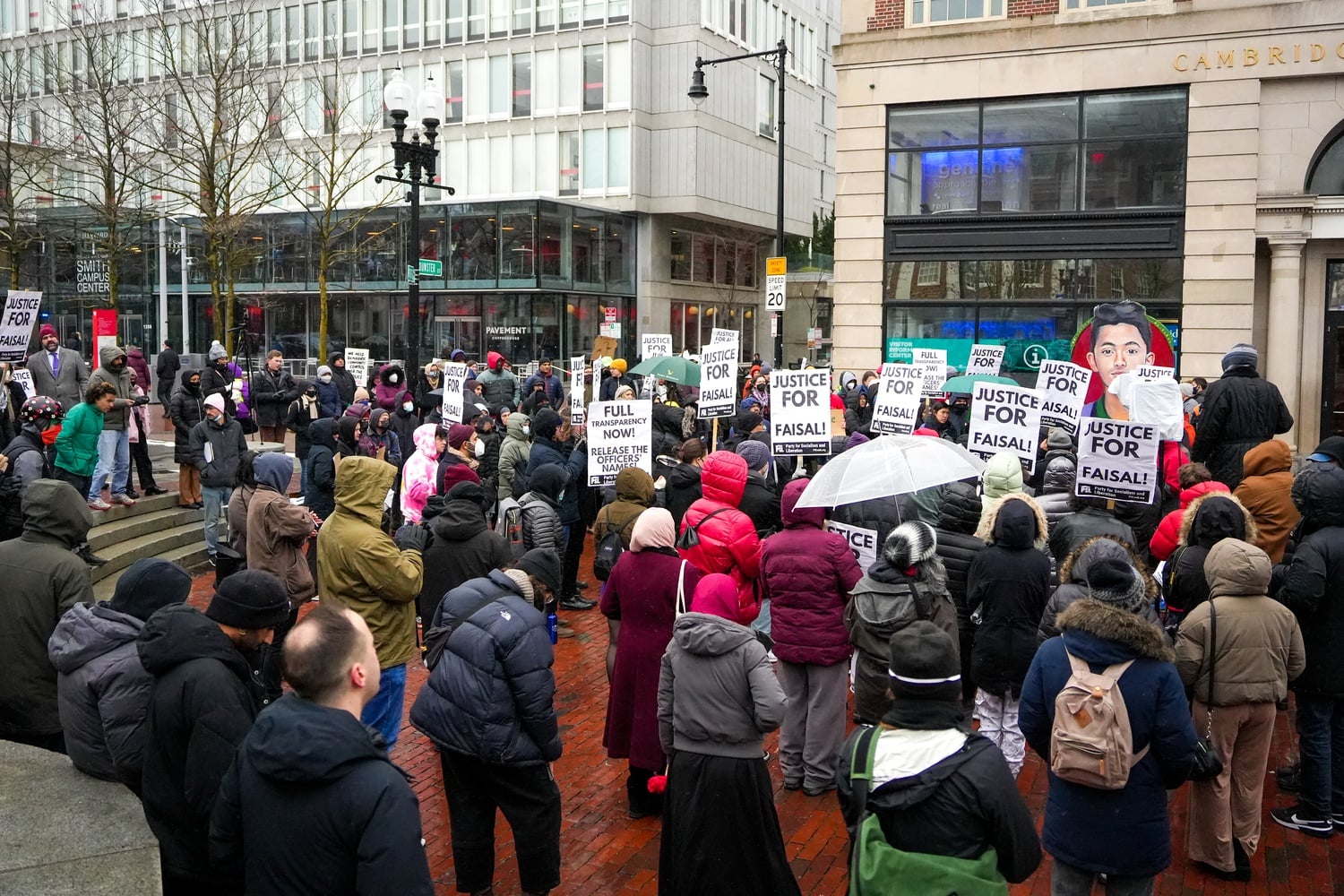 Protesters have taken to Harvard Square several times this year to protest the police killing of Sayed Faisal by a Cambridge police officer.