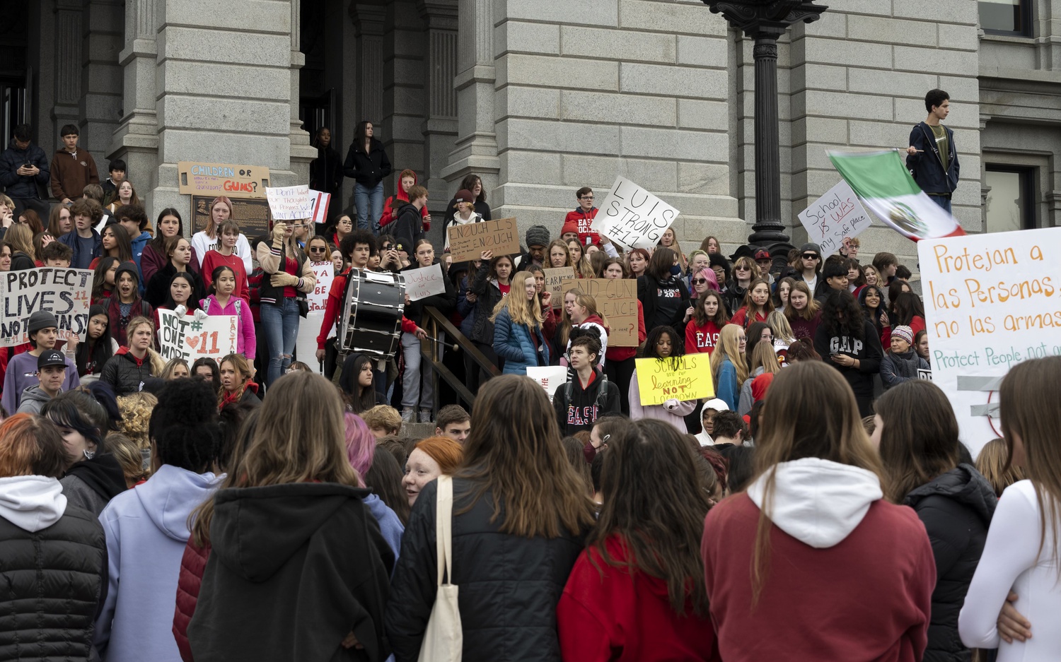 East High School students protest at the Colorado Capitol on March 3, two days after the death of their classmate, Luis. Luis was shot while sitting in his car outside of East in February.
