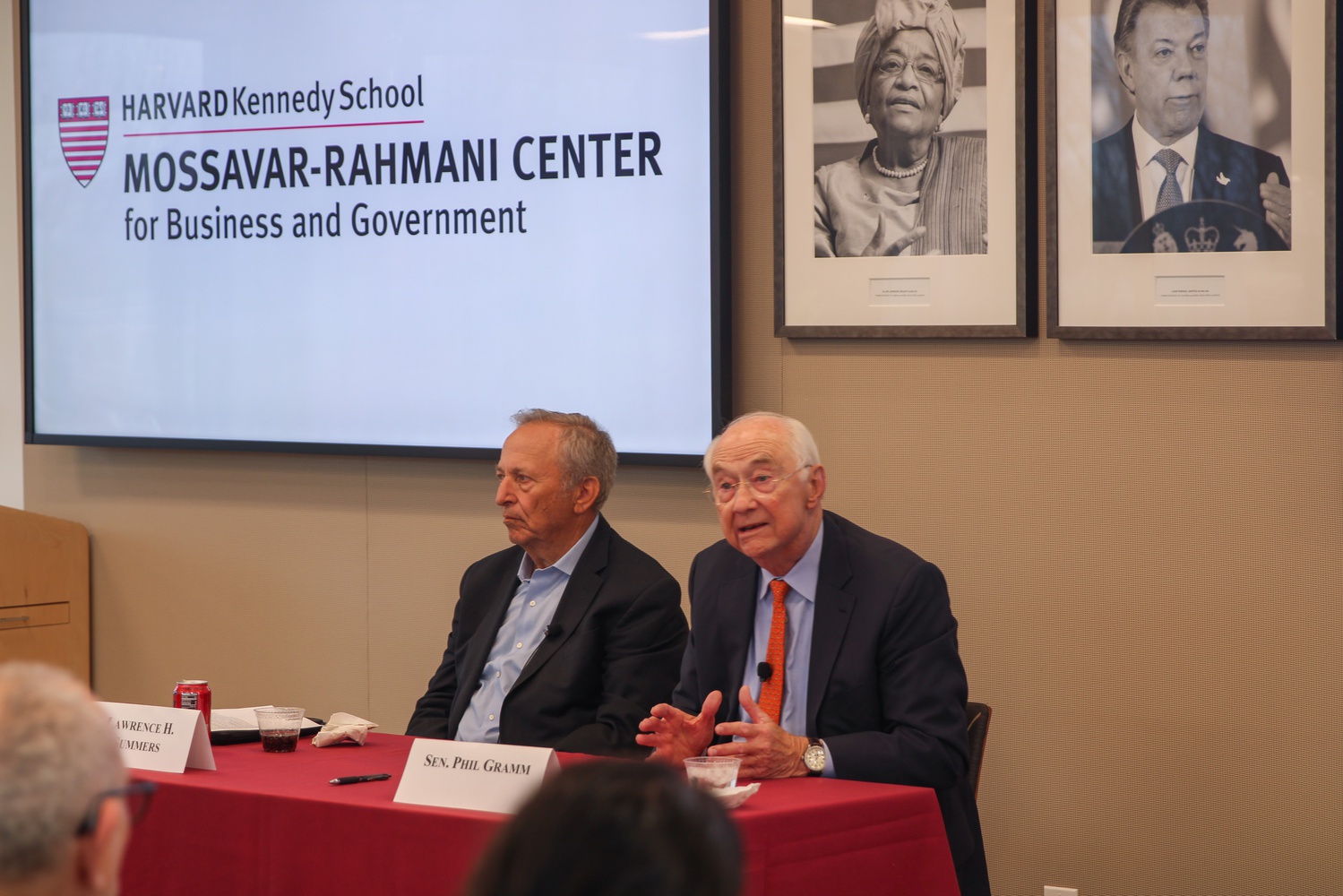 Former U.S. Senator Phil Gramm and former Harvard President Lawrence H. Summers speak at Harvard Kennedy School.