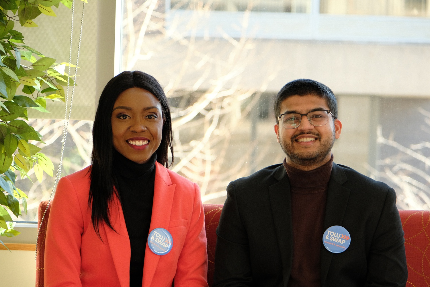 Tolu Alegbeleye, left, and Swap Agrawal, right, were elected co-presidents of the Harvard Law School Student Government last week.