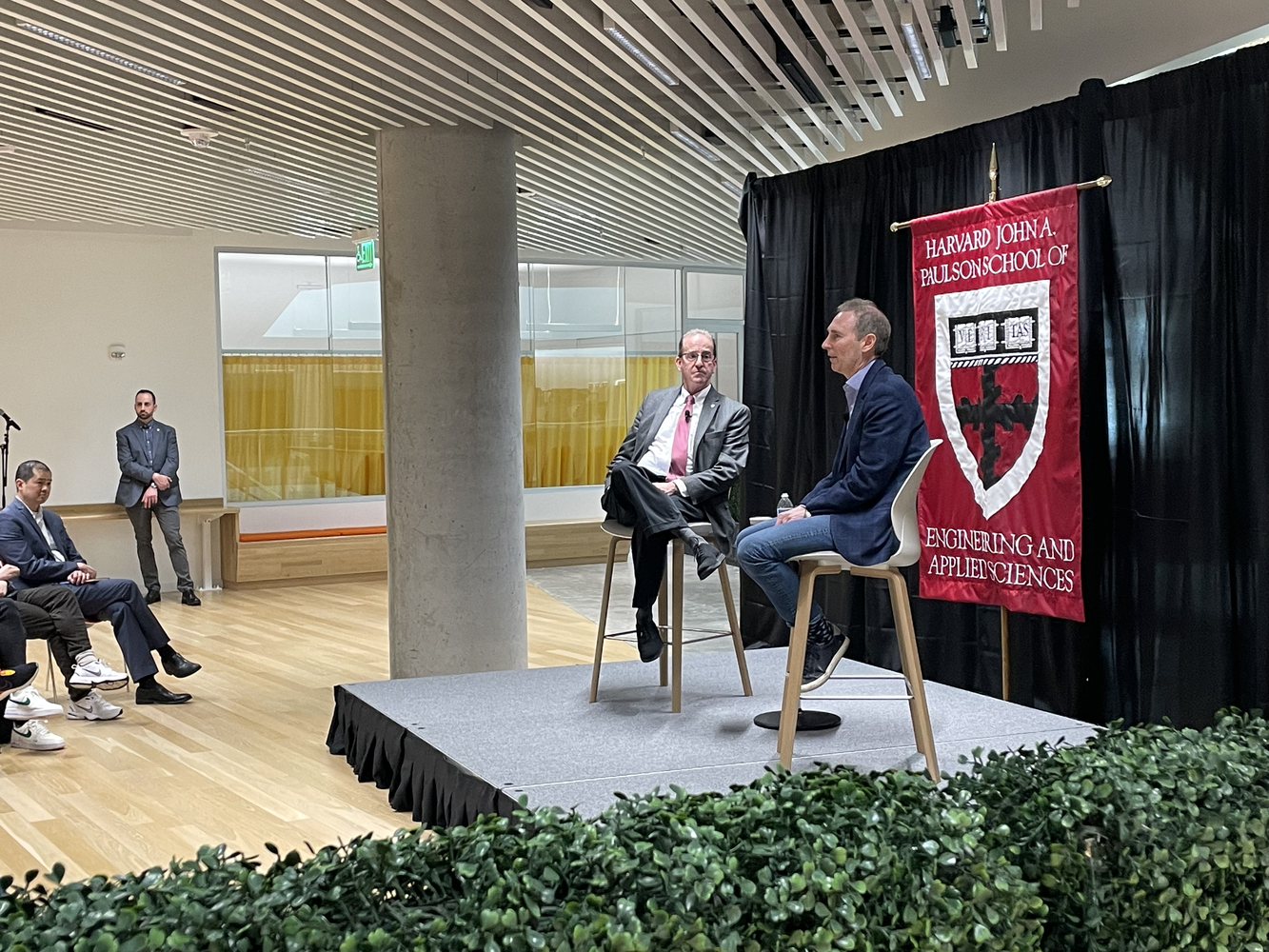Amazon CEO and President Andy R. Jassy '90, right, spoke at the Science and Engineering Complex Wednesday for an event moderated by School of Engineering and Applied Sciences Dean Francis J. Doyle III.