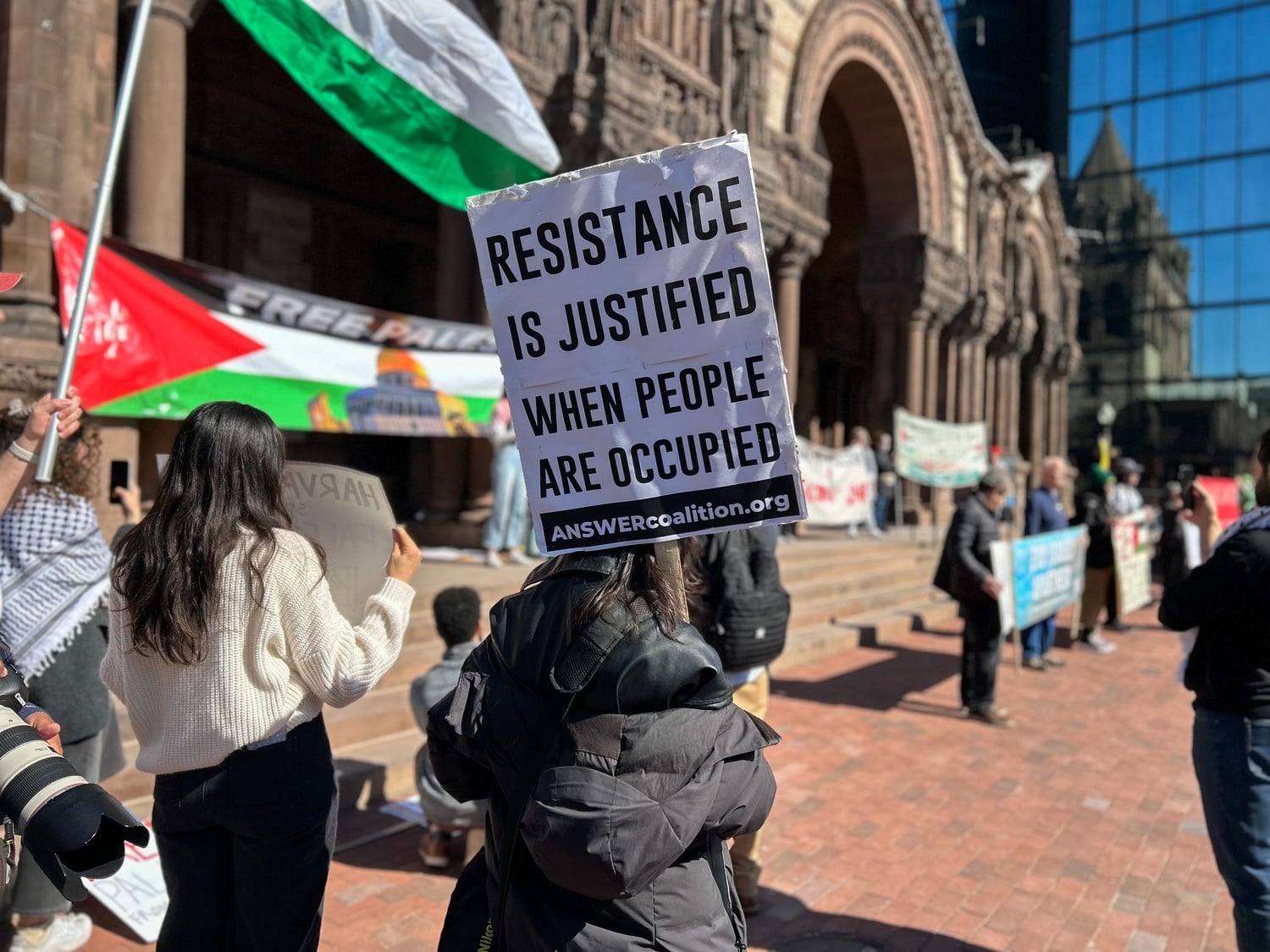 Harvard affiliates joined Boston-area organizers for a rally in Copley Square protesting police violence at the Al-Aqsa Mosque in Jerusalem.