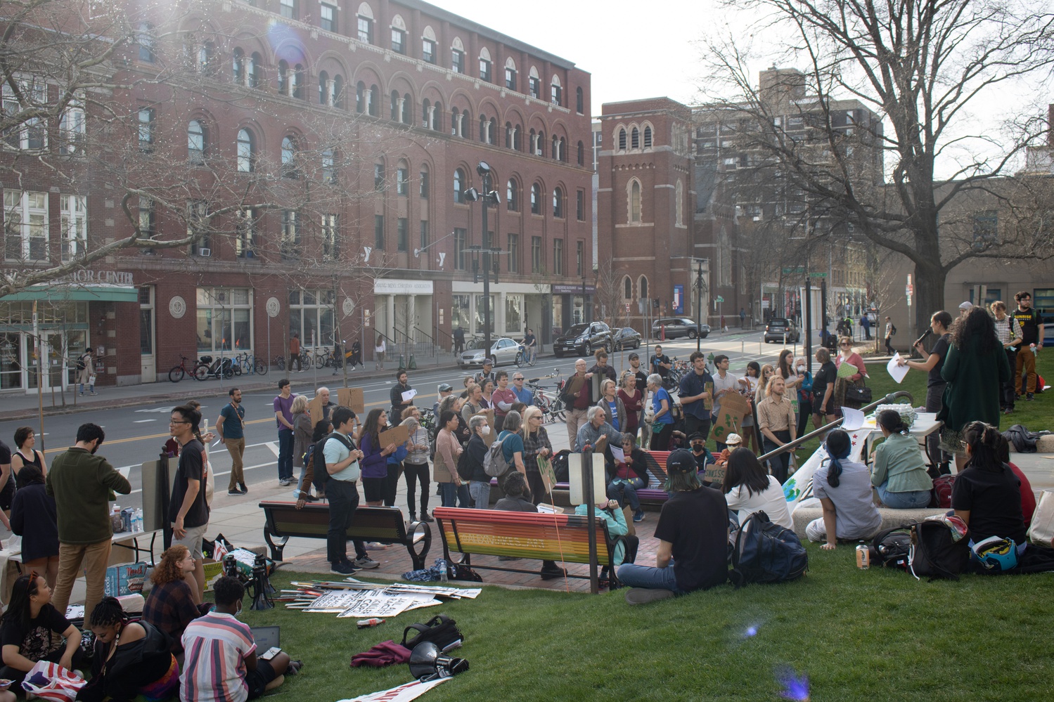 Protesters gathered outside of Cambridge City Hall Wednesday to support Green New Deal policies in Cambridge.
